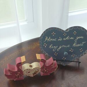 1980s Hand-Painted Wooden Folk Art Set | Pink Geese & Heart Wall Hook